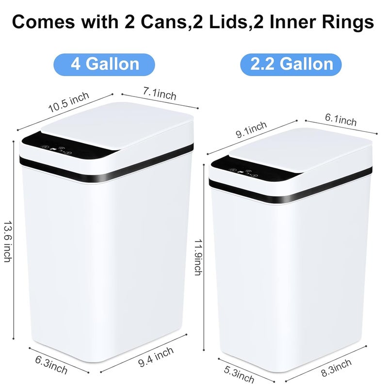 Anborry Bathroom Trash Cans with Lid 2 Pack Touchless Automatic Motion Sensor 2.2 Gal & 4 Gal Small Garbage Can, Smart Electric Narrow Garbage Bin for Bedroom Office Kitchen (White) - Image 4